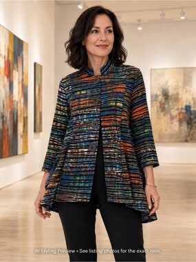 Multiples L XL Wearable Art Swing Jacket Multicolor Striped Lagenlook